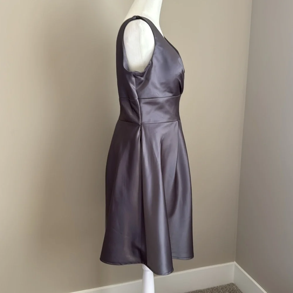Bill Levkoff Dress Size 14 Satin Gray Charcoal Gunmetal V Neck Knee Length - Picture 2 of 8